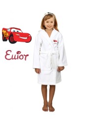 Red Car Cartoon Design & Custom Name Embroidery on Kids Hooded Bathrobe